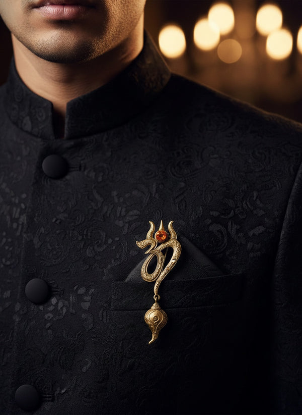 Sacred Trishul Om Brooch with Shankh Drop | Antique Gold Spiritual Lapel Pin with Rudraksha