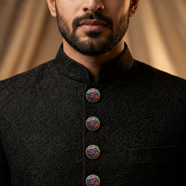 Royal Cobalt Blue & Magenta Floral Buttons (Set of 13) | Gold Metal Sherwani & Kurta Buttons