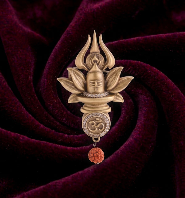 Sacred Shivling in Blooming Lotus Brooch | Antique Gold Mahadev Pin with Om & Rudraksha Drop