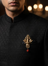 Sacred Shivling in Blooming Lotus Brooch | Antique Gold Mahadev Pin with Om & Rudraksha Drop