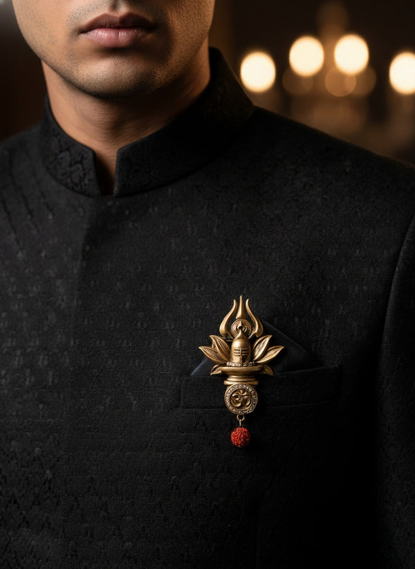 Sacred Shivling in Blooming Lotus Brooch | Antique Gold Mahadev Pin with Om & Rudraksha Drop