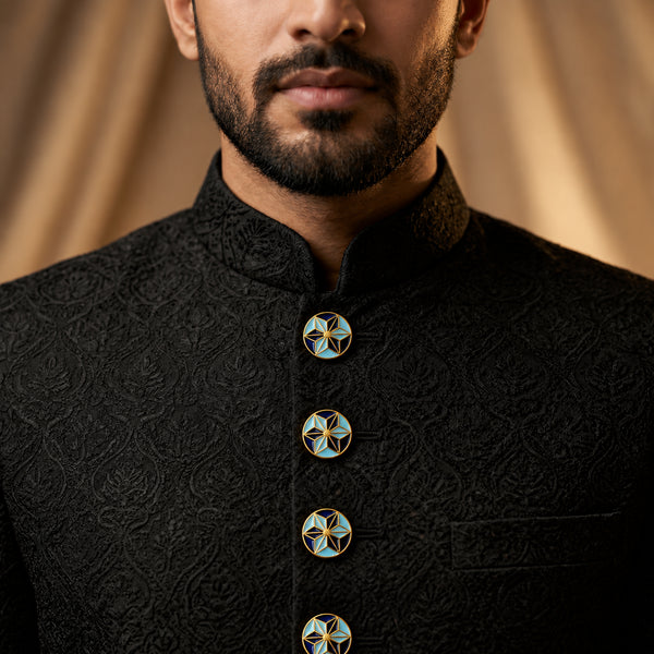 Sky Blue & Navy Geometric Starburst Buttons (Set of 13) | Gold Metal Buttons for Blazers & Kurtas