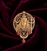 Meditative Shiva Face Brooch in Solar Halo | Antique Gold Mahadev Pin with Rudraksha Charms