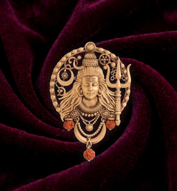 Meditative Shiva Face Brooch in Solar Halo | Antique Gold Mahadev Pin with Rudraksha Charms