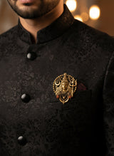 Meditative Shiva Face Brooch in Solar Halo | Antique Gold Mahadev Pin with Rudraksha Charms