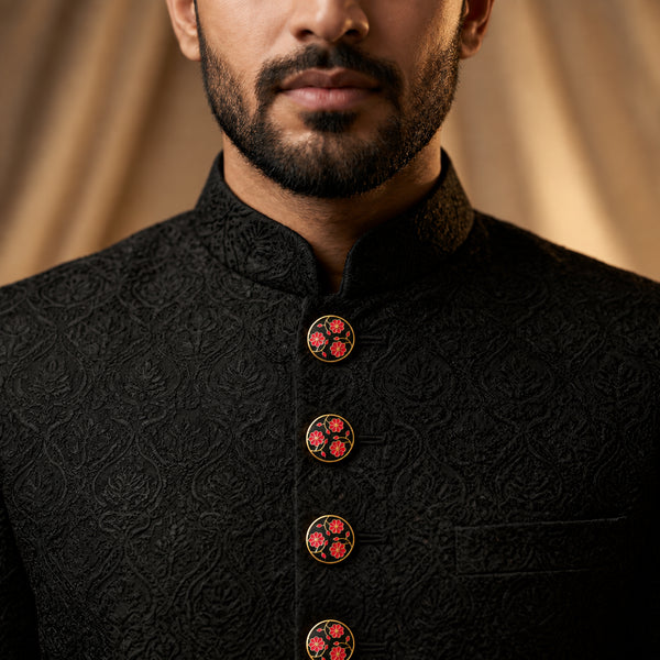 Midnight Black & Rose Pink Floral Enamel Buttons (Set of 13) | Gold Metal Buttons for Sherwani & Blazers