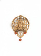 Meditative Shiva Face Brooch in Solar Halo | Antique Gold Mahadev Pin with Rudraksha Charms