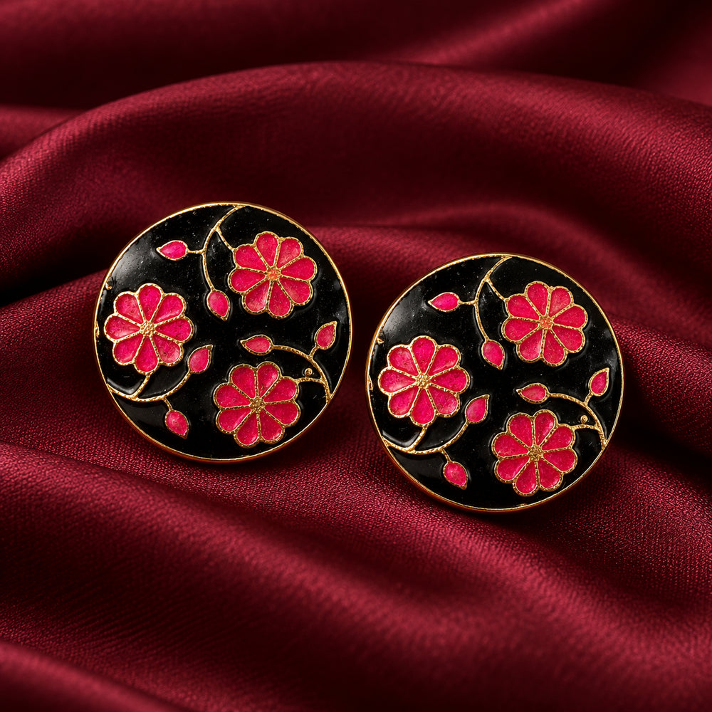 Midnight Black & Rose Pink Floral Enamel Buttons (Set of 13) | Gold Metal Buttons for Sherwani & Blazers