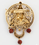 Meditative Shiva Face Brooch in Solar Halo | Antique Gold Mahadev Pin with Rudraksha Charms