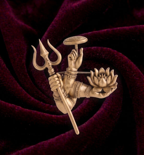 Divine Hands of Shiva & Parvati Brooch | Antique Gold Trishul, Damru & Kamal Mudra Pin