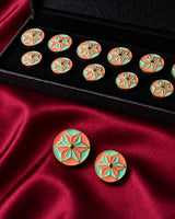 Coral & Mint Green Geometric Starburst Buttons (Set of 13) | Gold Metal Buttons for Sherwani & Kurtas