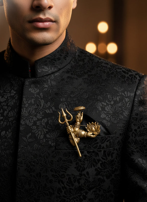 Divine Hands of Shiva & Parvati Brooch | Antique Gold Trishul, Damru & Kamal Mudra Pin