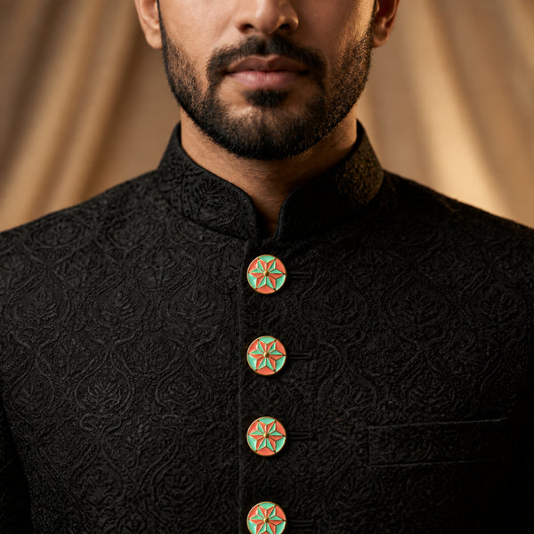 Coral & Mint Green Geometric Starburst Buttons (Set of 13) | Gold Metal Buttons for Sherwani & Kurtas