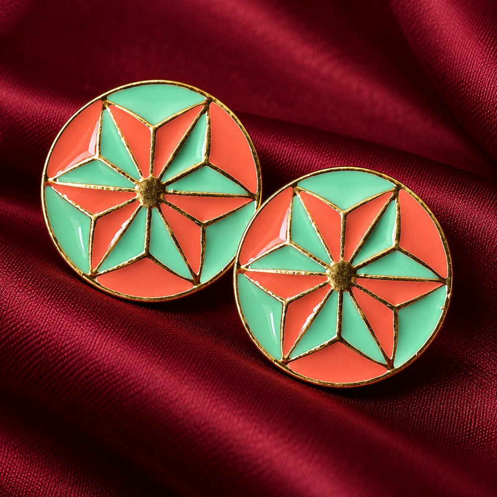 Coral & Mint Green Geometric Starburst Buttons (Set of 13) | Gold Metal Buttons for Sherwani & Kurtas