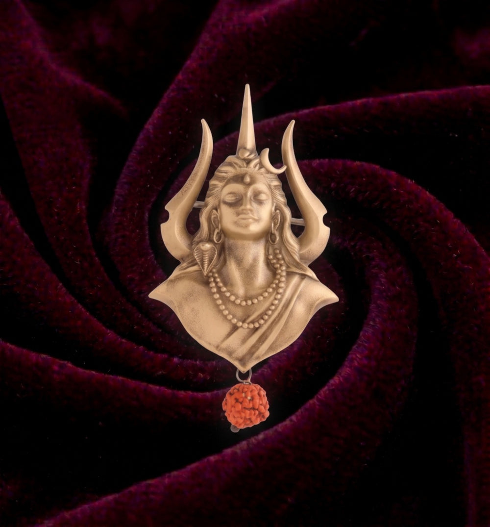 Celebrate divine balance with this antique gold dual hands brooch. Sculpted holding the Trishul with Damru and a blooming lotus flower.