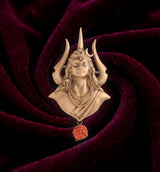 Celebrate divine balance with this antique gold dual hands brooch. Sculpted holding the Trishul with Damru and a blooming lotus flower.