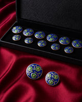 Royal Blue & Emerald Floral Enamel Buttons (Set of 13) | Gold Tone Ethnic Sherwani & Kurta Buttons