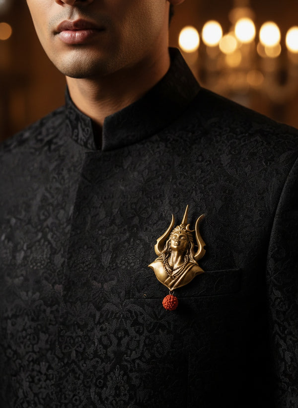 Celebrate divine balance with this antique gold dual hands brooch. Sculpted holding the Trishul with Damru and a blooming lotus flower.
