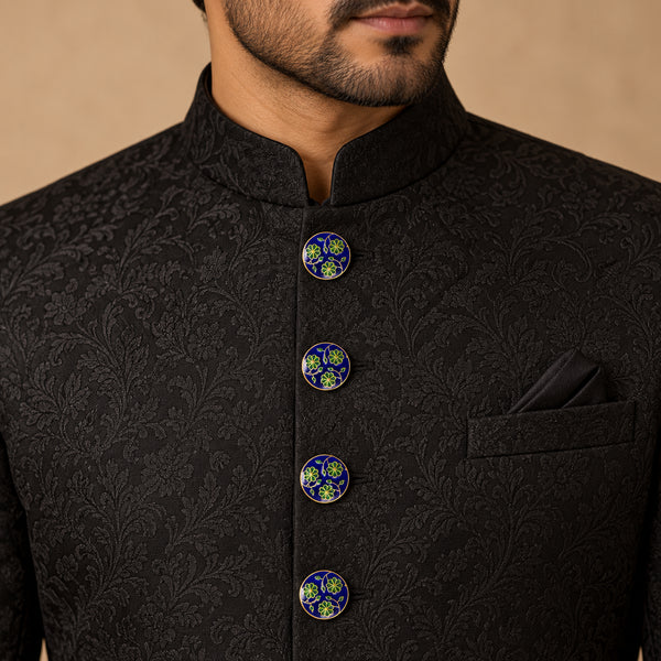 Royal Blue & Emerald Floral Enamel Buttons (Set of 13) | Gold Tone Ethnic Sherwani & Kurta Buttons