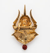 Celebrate divine balance with this antique gold dual hands brooch. Sculpted holding the Trishul with Damru and a blooming lotus flower.