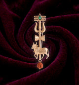 Sacred Trishul & Nandi Brooch with Emerald Tilak | Antique Gold Lapel Pin with Rudraksha Drop