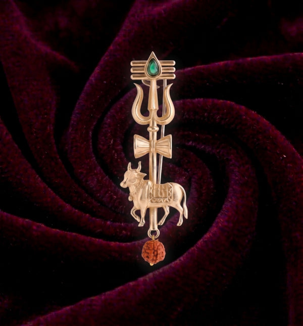 Sacred Trishul & Nandi Brooch with Emerald Tilak | Antique Gold Lapel Pin with Rudraksha Drop