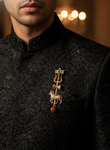 Sacred Trishul & Nandi Brooch with Emerald Tilak | Antique Gold Lapel Pin with Rudraksha Drop