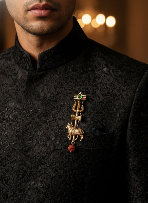 Sacred Trishul & Nandi Brooch with Emerald Tilak | Antique Gold Lapel Pin with Rudraksha Drop