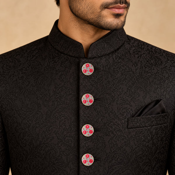 Pearlescent Ivory & Ruby Pink Floral Enamel Buttons (Set of 13) | Gold Metal Buttons for Sherwani