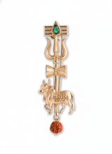 Sacred Trishul & Nandi Brooch with Emerald Tilak | Antique Gold Lapel Pin with Rudraksha Drop