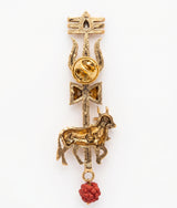 Sacred Trishul & Nandi Brooch with Emerald Tilak | Antique Gold Lapel Pin with Rudraksha Drop