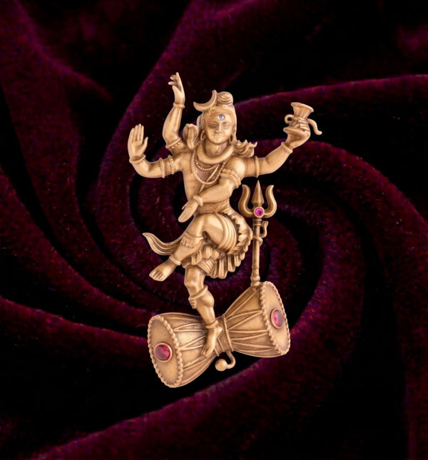 Divine Nataraja Dancing Shiva Brooch on Damru | Antique Gold Cosmic Dancer Pin