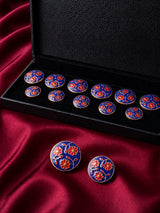 Glossy Royal Blue & Crimson Floral Enamel Buttons (Set of 13) | Gold Metal Kurta & Sherwani Buttons