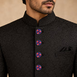 Glossy Royal Blue & Crimson Floral Enamel Buttons (Set of 13) | Gold Metal Kurta & Sherwani Buttons