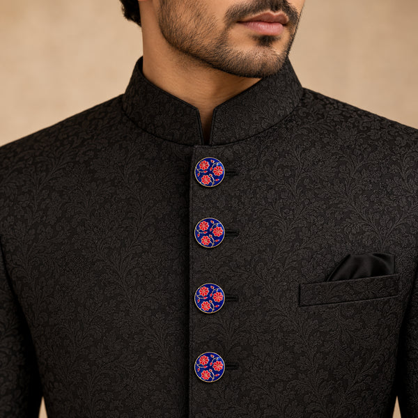 Glossy Royal Blue & Crimson Floral Enamel Buttons (Set of 13) | Gold Metal Kurta & Sherwani Buttons
