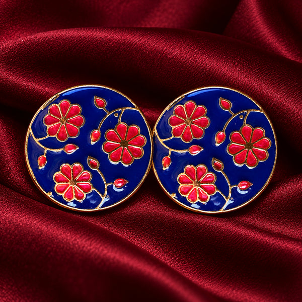 Glossy Royal Blue & Crimson Floral Enamel Buttons (Set of 13) | Gold Metal Kurta & Sherwani Buttons