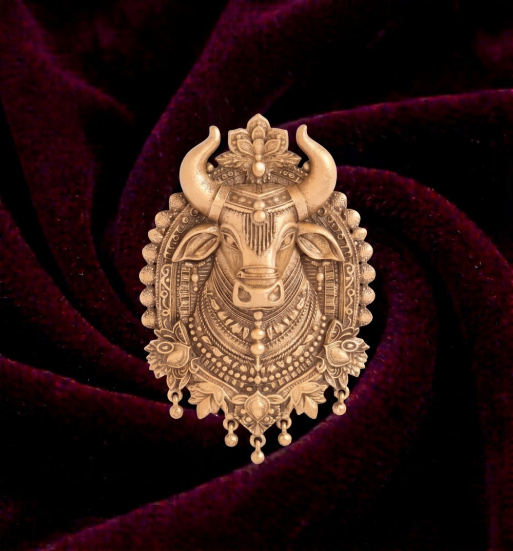 Sacred Nandi Bull Antique Gold Brooch | Handcrafted Heritage Temple Lapel Pin for Sherwani & Sarees