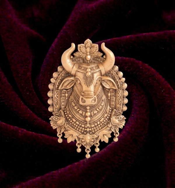 Sacred Nandi Bull Antique Gold Brooch | Handcrafted Heritage Temple Lapel Pin for Sherwani & Sarees