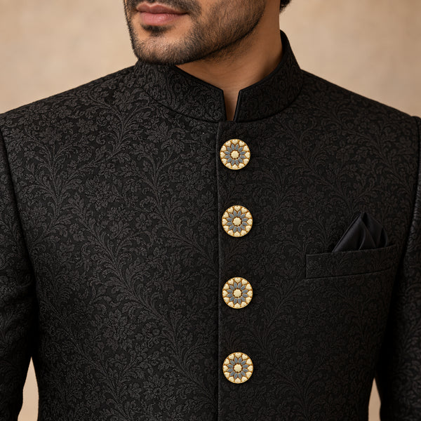 Ivory Cream & Slate Grey Heart Rosette Buttons (Set of 13) | Gold Metal Sherwani & Kurta Buttons