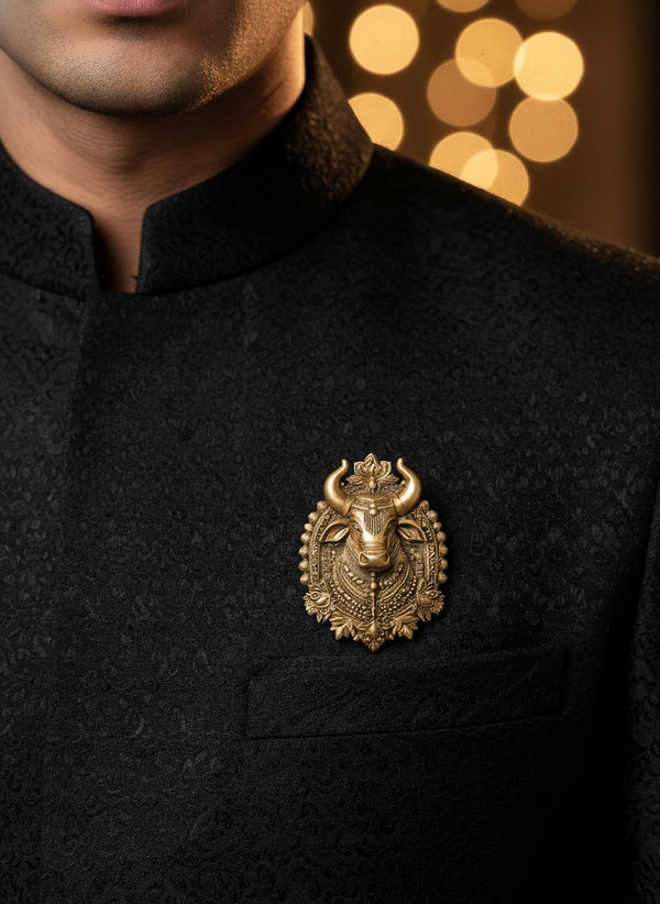 Sacred Nandi Bull Antique Gold Brooch | Handcrafted Heritage Temple Lapel Pin for Sherwani & Sarees