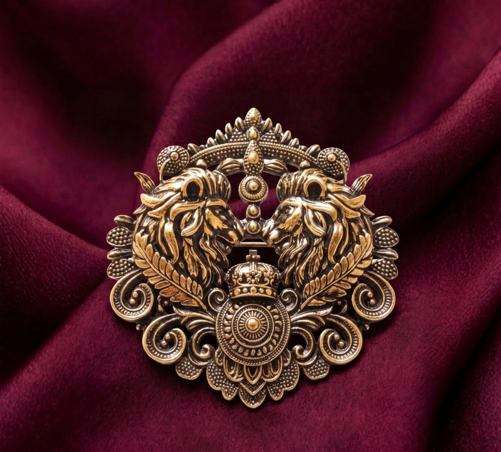 Twin Lions Shield Antique Gold Brooch | Royal Crest Lapel Pin for Men & Women