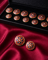 Traditional Meenakari Floral Buttons in Red & Navy Blue (Set of 13) | Antique Gold Metal Buttons for Sherwani