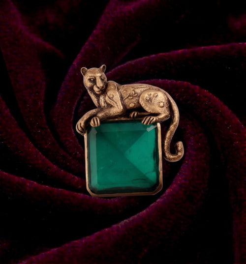 Antique Gold Panther on Emerald Gem Brooch | Sculpted Wildcat Lapel Pin for Suits & Blazers