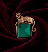 Antique Gold Panther on Emerald Gem Brooch | Sculpted Wildcat Lapel Pin for Suits & Blazers