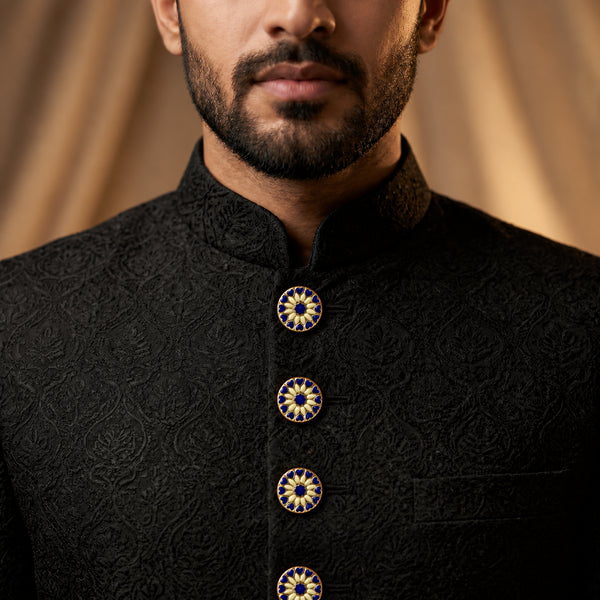 Royal Cobalt & Cream Heart Rosette Enamel Buttons (Set of 13) | Gold Metal Sherwani & Blazer Buttons
