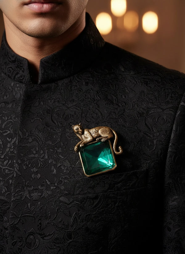 Antique Gold Panther on Emerald Gem Brooch | Sculpted Wildcat Lapel Pin for Suits & Blazers