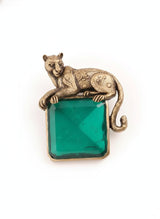 Antique Gold Panther on Emerald Gem Brooch | Sculpted Wildcat Lapel Pin for Suits & Blazers