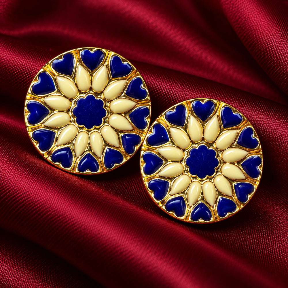 Royal Cobalt & Cream Heart Rosette Enamel Buttons (Set of 13) | Gold Metal Sherwani & Blazer Buttons