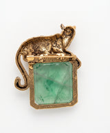 Antique Gold Panther on Emerald Gem Brooch | Sculpted Wildcat Lapel Pin for Suits & Blazers