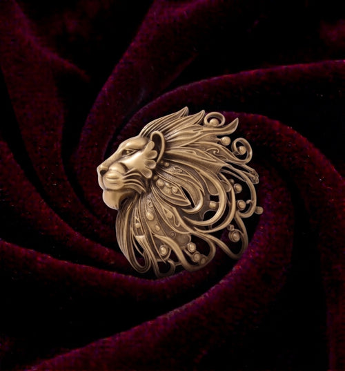 Sculpted Regal Lion Profile Brooch | Antique Gold Royal Mane Lapel Pin for Men